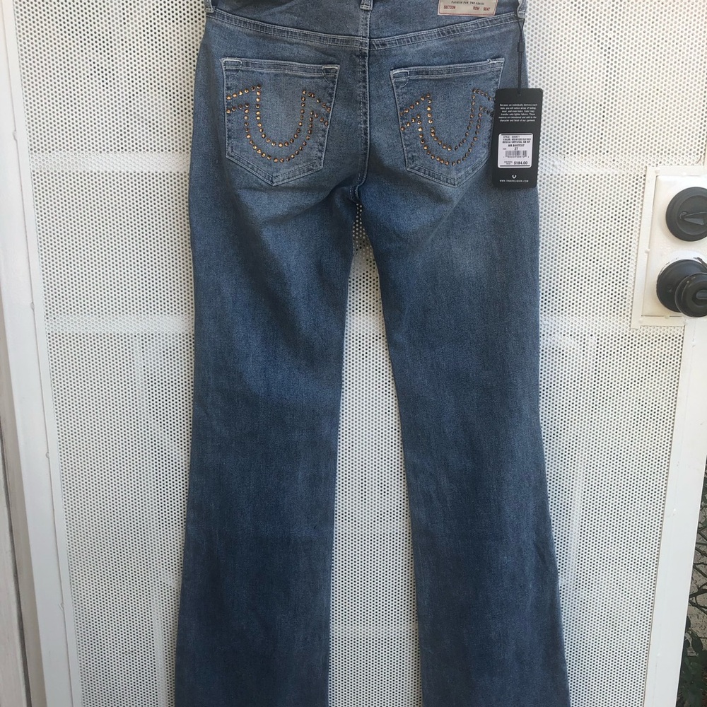 True Religion Mid Blue Bootcut Jeans with Amber Crystal Embellishment - Picture 4 of 11